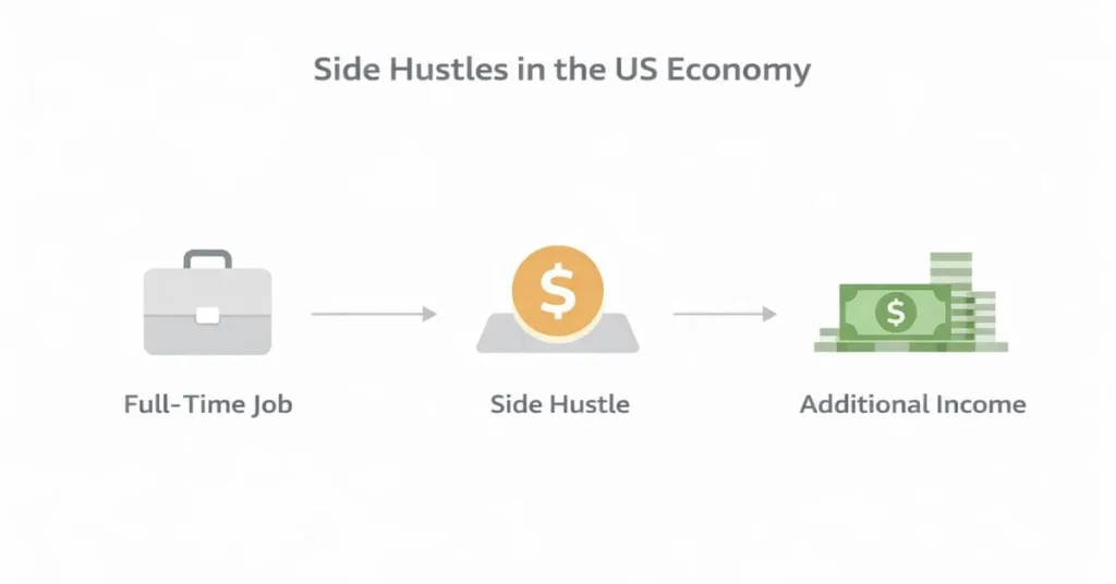 Infographic explaining side hustles in the US economy showing a full-time job leading to a side hustle that creates an additional income stream.
