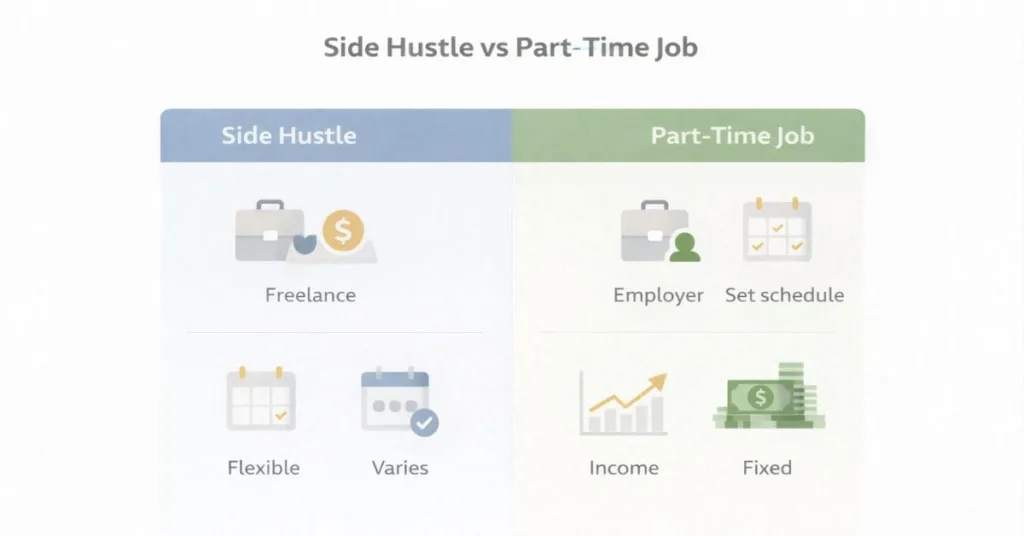 Infographic comparing side hustles vs part-time jobs showing differences in flexibility, work structure, and income style.