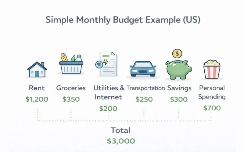 Visual monthly budget breakdown with rent, groceries, utilities, transportation, savings and personal spending in a US household