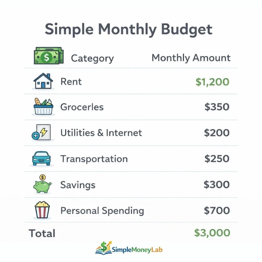 Simple monthly budget example showing rent, groceries, utilities, transportation, savings, and personal spending
