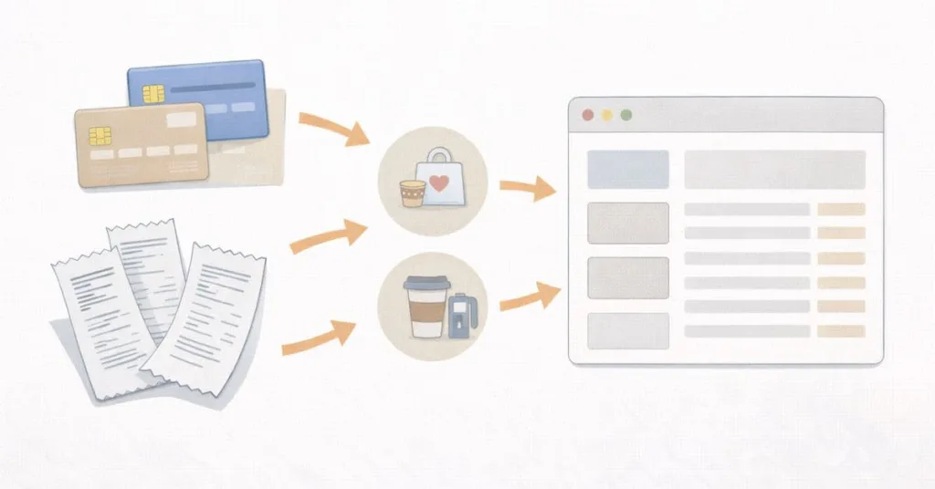 Abstract illustration showing cards, receipts, and small transactions flowing into a simple dashboard, explaining how to track spending without overwhelm
