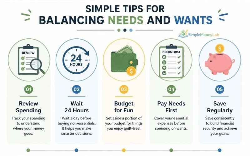 Infographic sharing practical budgeting tips including reviewing spending, waiting 24 hours before purchases, budgeting for fun, paying needs first, and saving regularly.