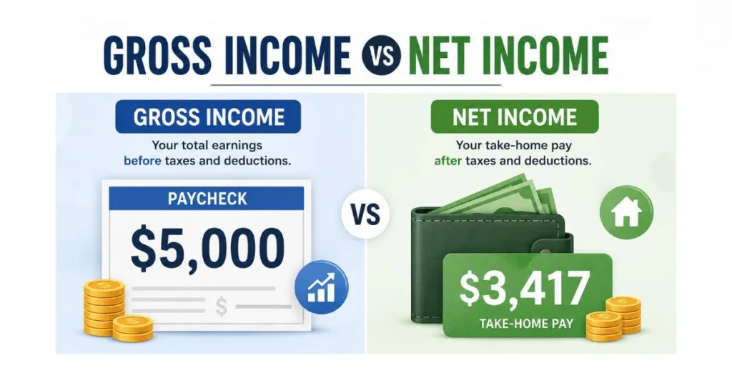 Infographic comparing gross income and net income, showing total earnings before taxes versus take-home pay after deductions.