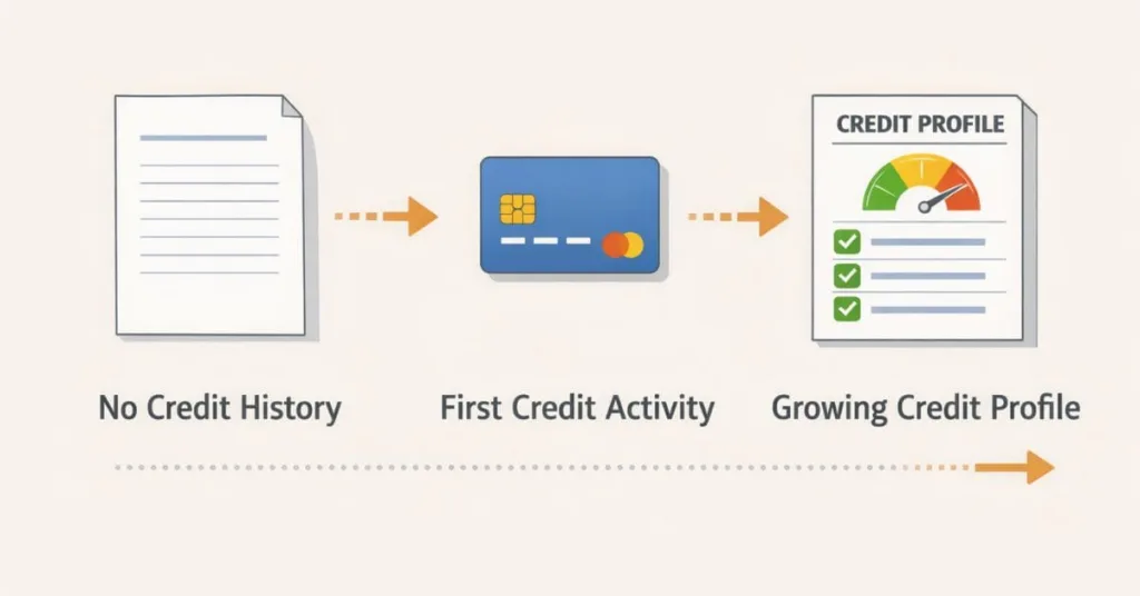 Infographic showing how beginners can build credit with no history by starting with first credit activity and gradually developing a credit profile.