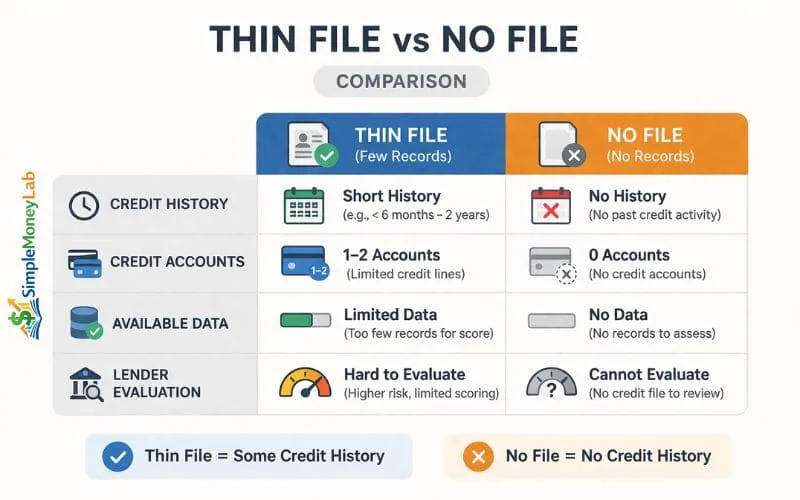 Comparison chart showing differences between thin credit file and no credit file including credit history length, number of accounts, available data, and lender evaluation.