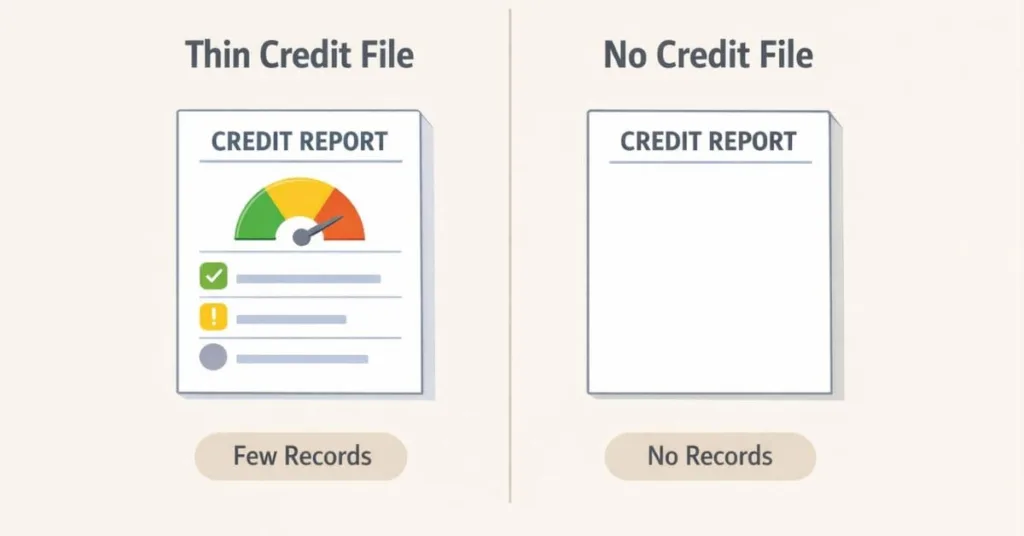 Infographic explaining the difference between a thin credit file with a few credit records and no credit file with no credit history.