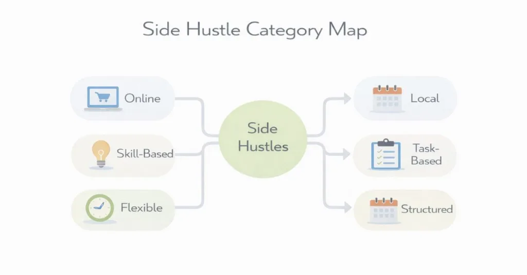 Visual category map explaining different Types of Side Hustles including online, local, skill-based, task-based, flexible, and structured work options in the US.