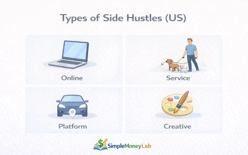 Infographic showing four types of side hustles in the US including online work, service work, platform-based gigs, and creative work