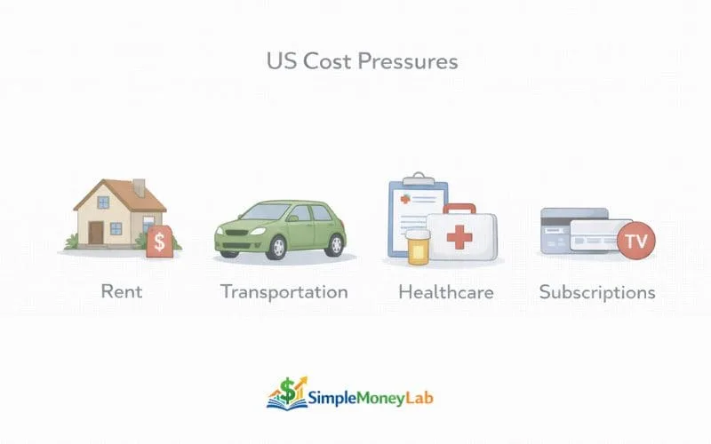 Infographic showing US cost pressures including rent, transportation, healthcare, and subscriptions with minimal icons