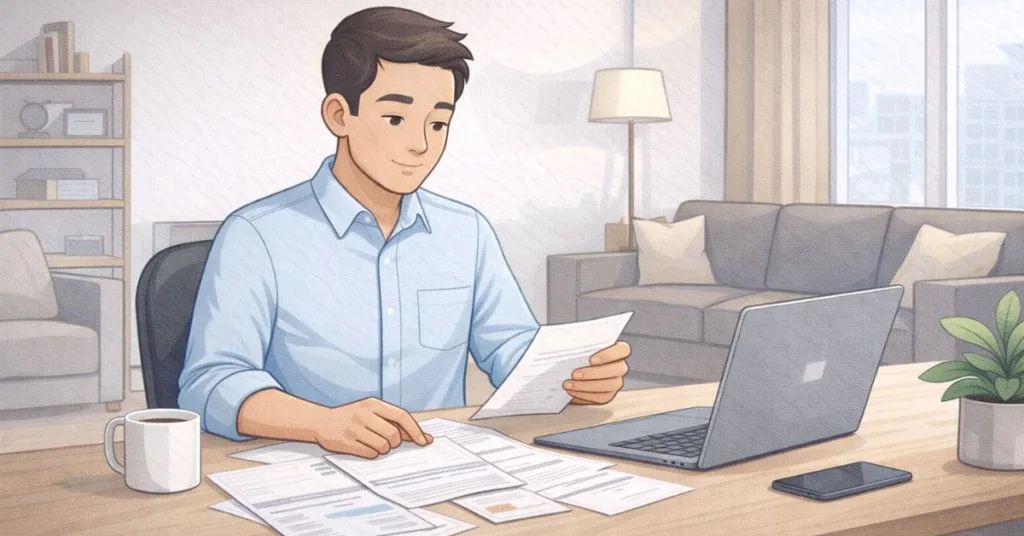 Young adult sitting at a desk with laptop, bills, and paperwork in a US apartment analyzing personal finances