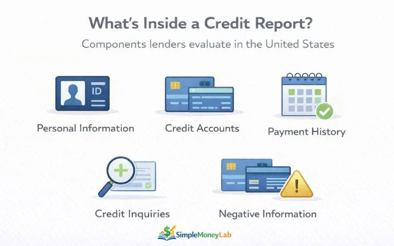 what is a credit report infographic showing personal information, credit accounts, payment history, inquiries and negative items in the US