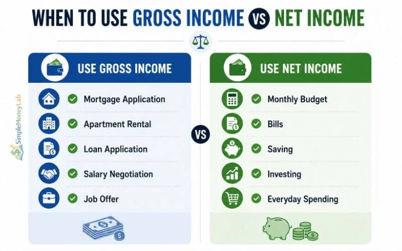 Checklist infographic showing when to use gross income for loans and salary offers and net income for budgeting, bills, saving, investing, and everyday spending.