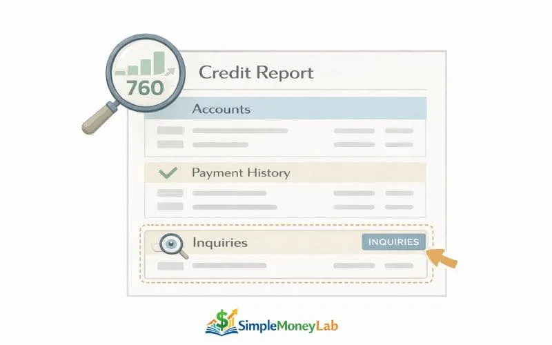 educational infographic showing credit report layout with accounts payment history and highlighted inquiries section
