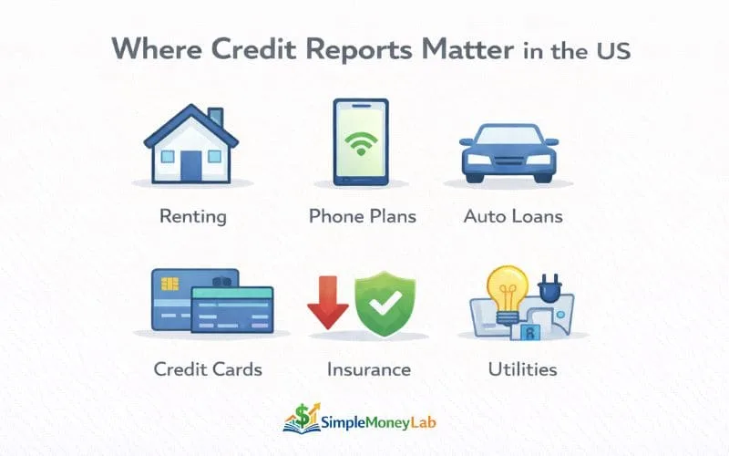 Infographic showing real-world uses of credit reports such as renting, phone plans, auto loans, credit cards, insurance, and utilities in the US