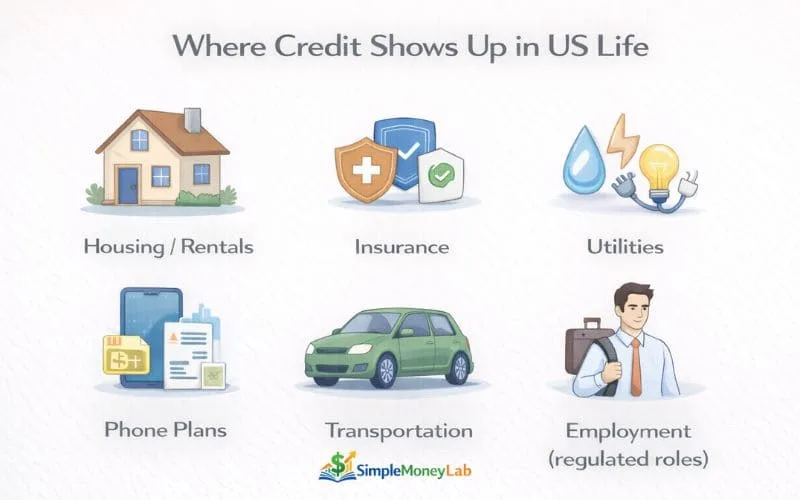 Infographic showing how credit affects housing, insurance, utilities, phone plans, transportation, and employment in the US and how credit scores affect your financial life