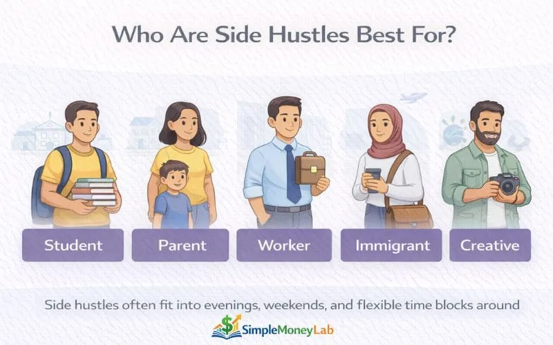 Infographic showing personas who commonly start side hustles in the US including students, parents, workers, immigrants, and creatives
