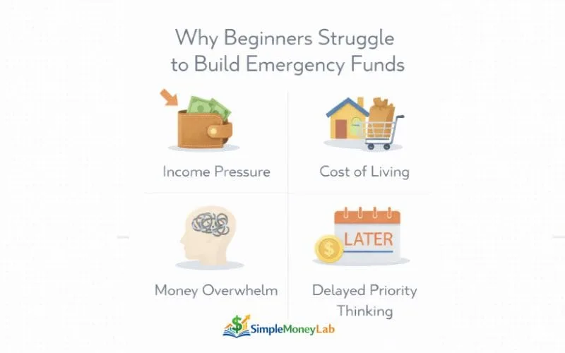 Infographic showing common emergency fund challenges including income pressure, cost of living increases, money overwhelm, and delayed savings priority