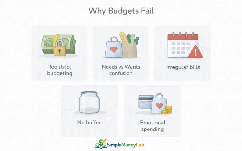 Infographic explaining why budgets fail for beginners including strict budgeting, needs vs wants confusion, irregular bills, no buffer, and emotional spending