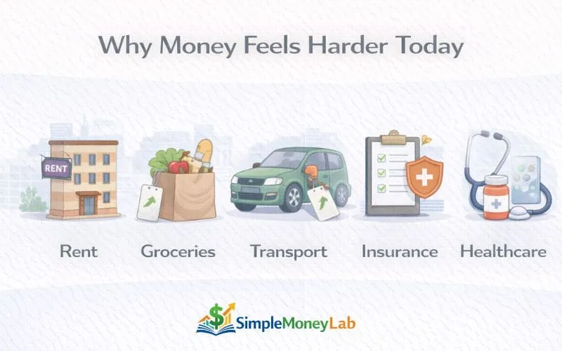 Infographic showing rent, groceries, transportation, insurance, and healthcare costs in the US that often lead to common money mistakes